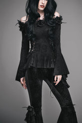 Black Knit One-Word Shoulder Rose Decoration Collar Waist Side Splice Lace Up Flare Sleeve Women's Gothic Shirt